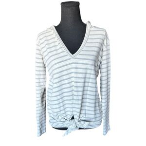 Left of Center Anthropologie Striped Hoodie Tie Front Top Blue White Small C52